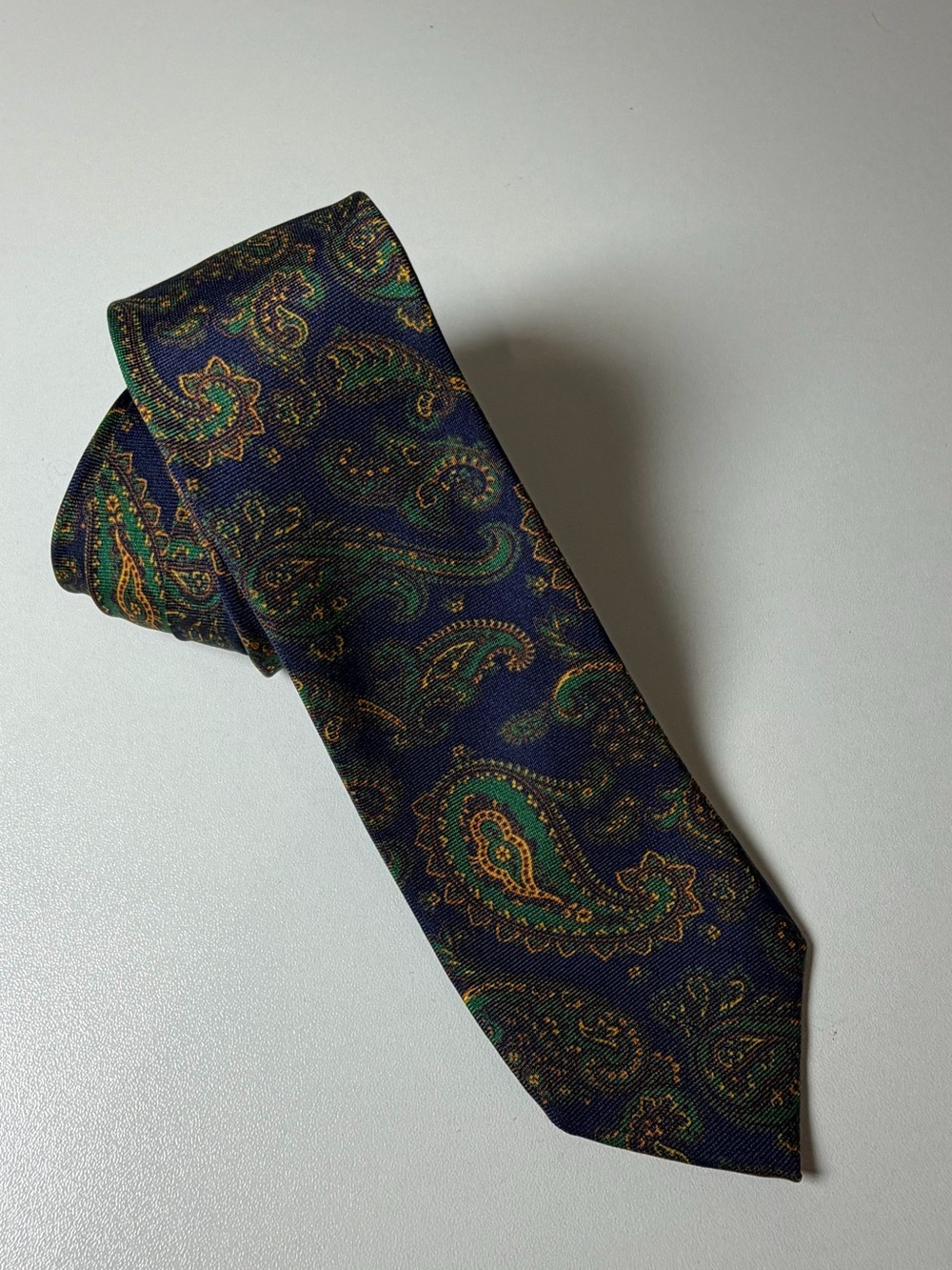 J. Crew Hand Made in USA 100% Silk Navy Paisley Silk Tie Green and Gold Motif